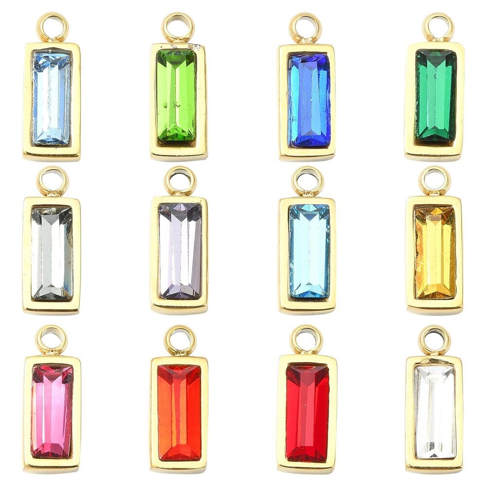 2080 12pcs 12 Colors Rectangle Glass Stainless Steel Charms 14K Gold Plated